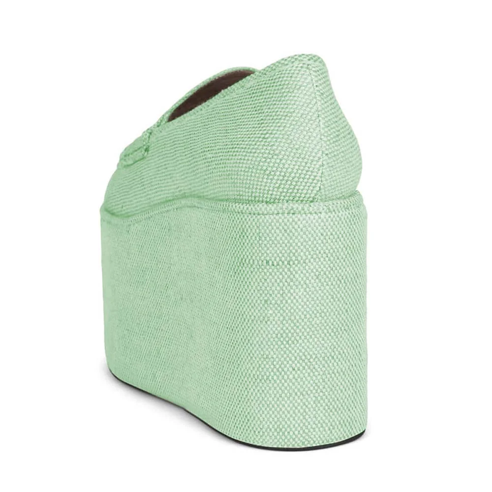 Round Toe Platform Wedge Heel Loafer Shoes Women in Light Green
