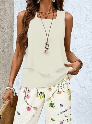Women's Sleeveless Square Collar Floral Printed Casual Set