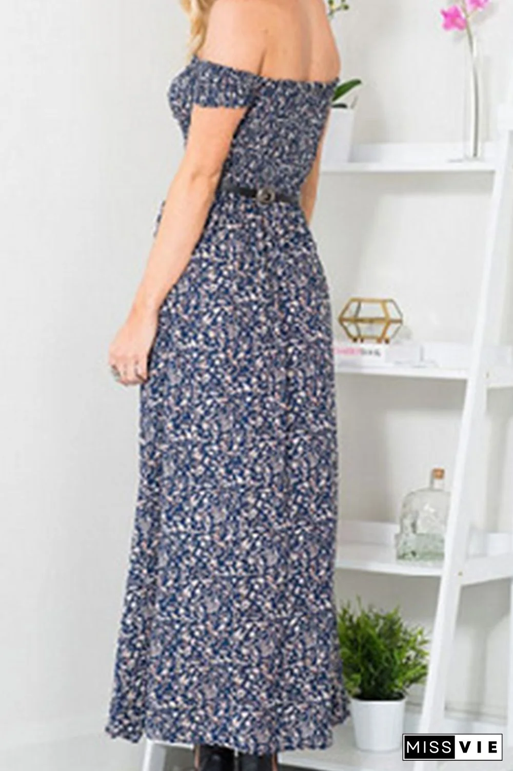 Fashion Print Slit Off the Shoulder Cake Skirt Dresses(3 colors)