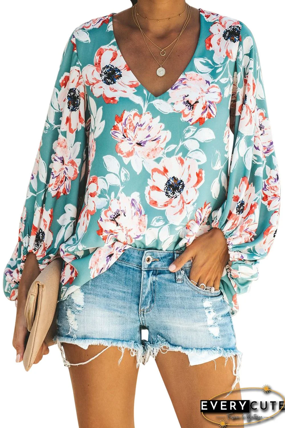 Multicolor Boho Print Balloon Sleeve Blouse