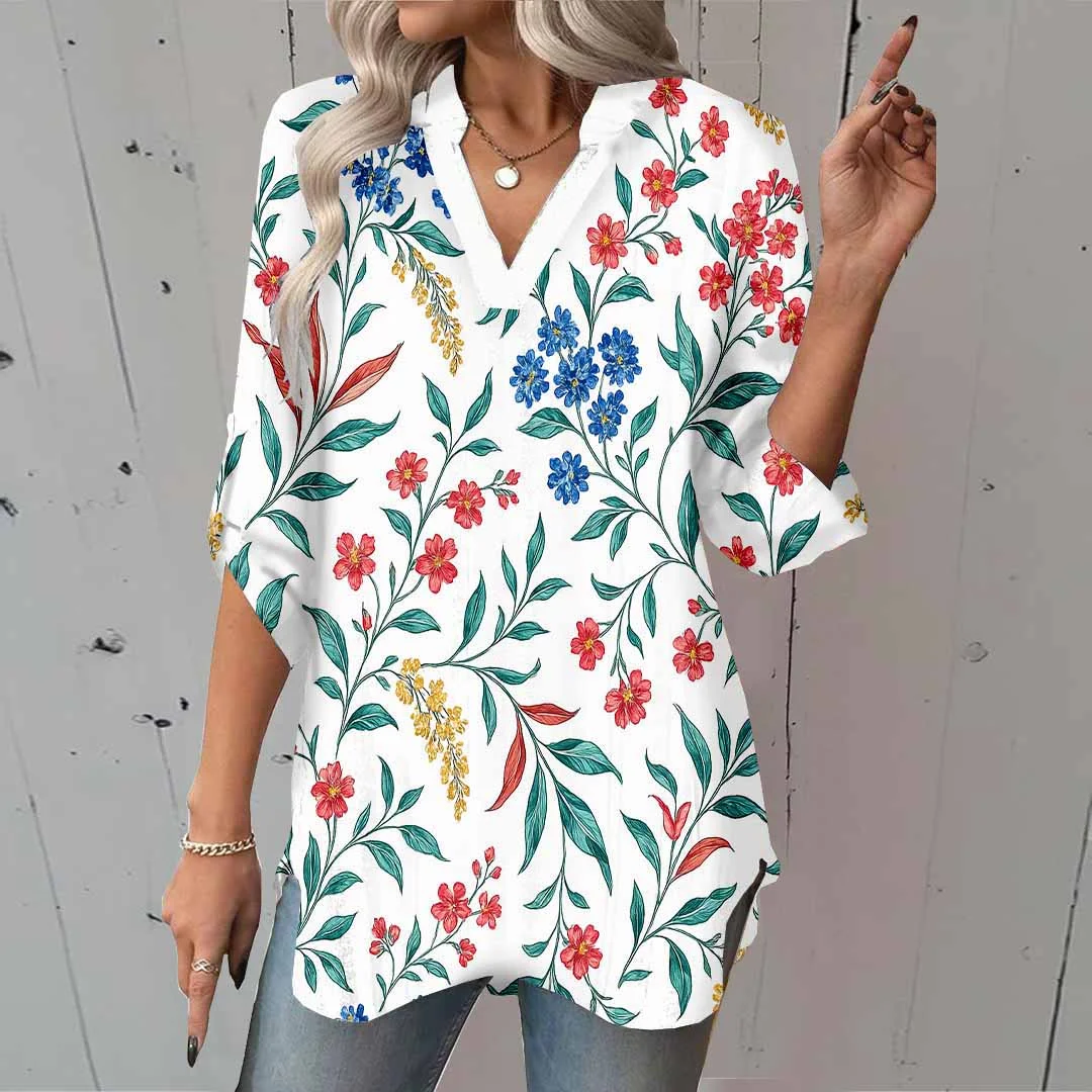 Women Floral, Red DZGA0076 3/4 Sleeve V-neck Printed Graphic Button Tops