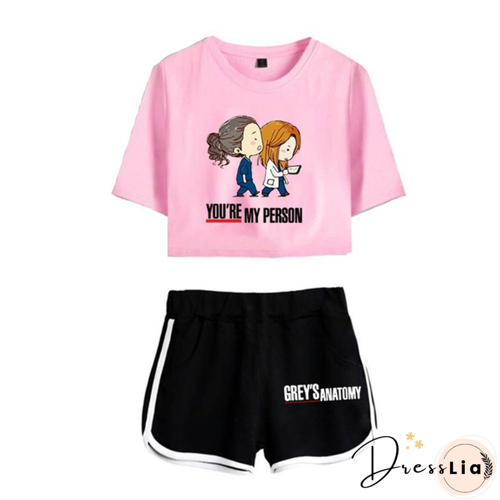Women Grey's Anatomy Women Short T-shirt Shorts Suit Summer Sport Wear Casual Cotton Yoga Lady Crop Top and Shorts