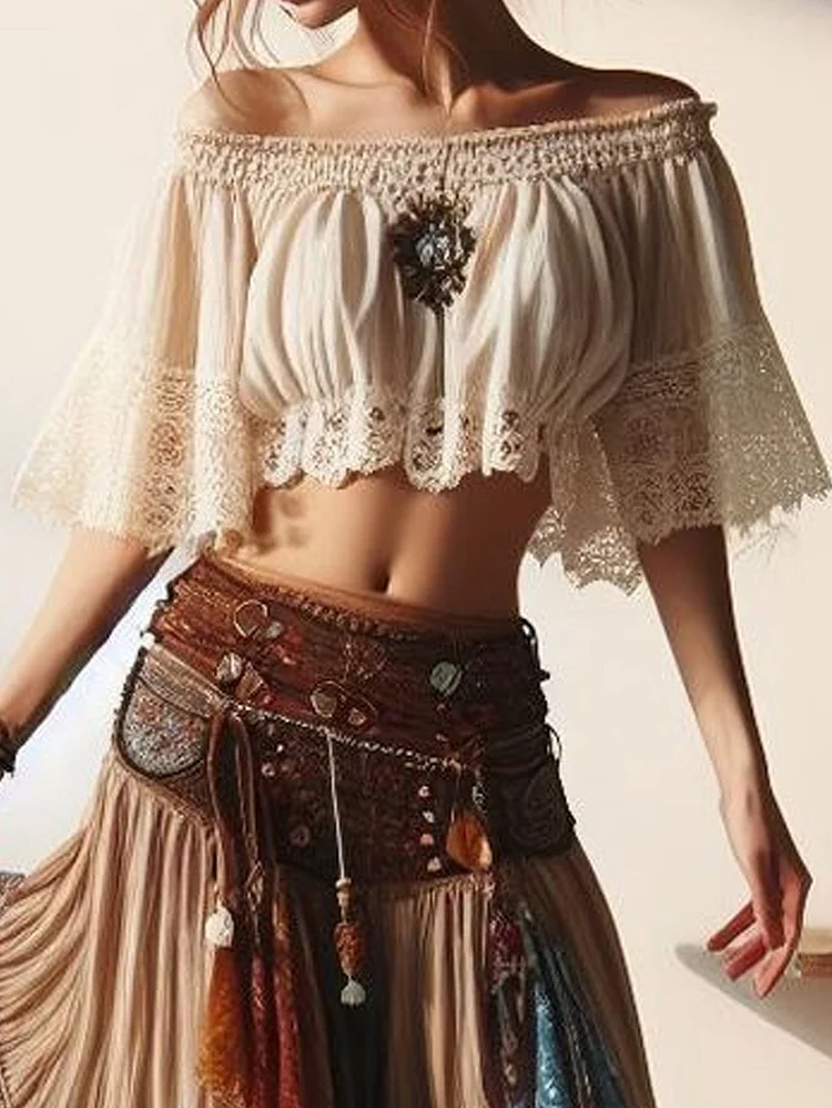 Off The Shoulder Lace Patchwork Half Sleeve Cropped Blouse
