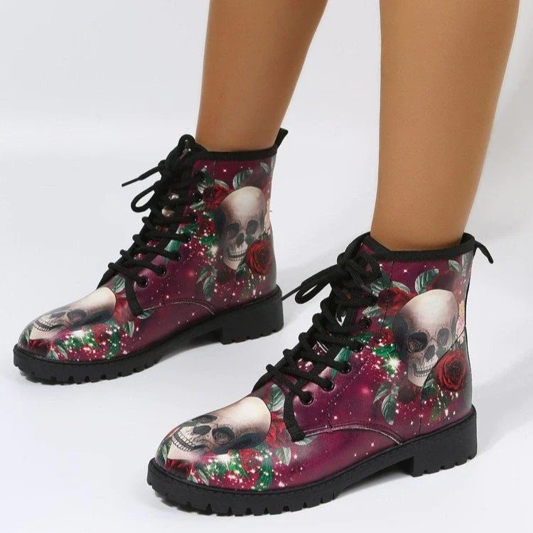 Qengg Women's Shoes Women's Winter 2021 Boots Shoes Women's Tooling Boots Skull and Flower Print High-top Boots 2022