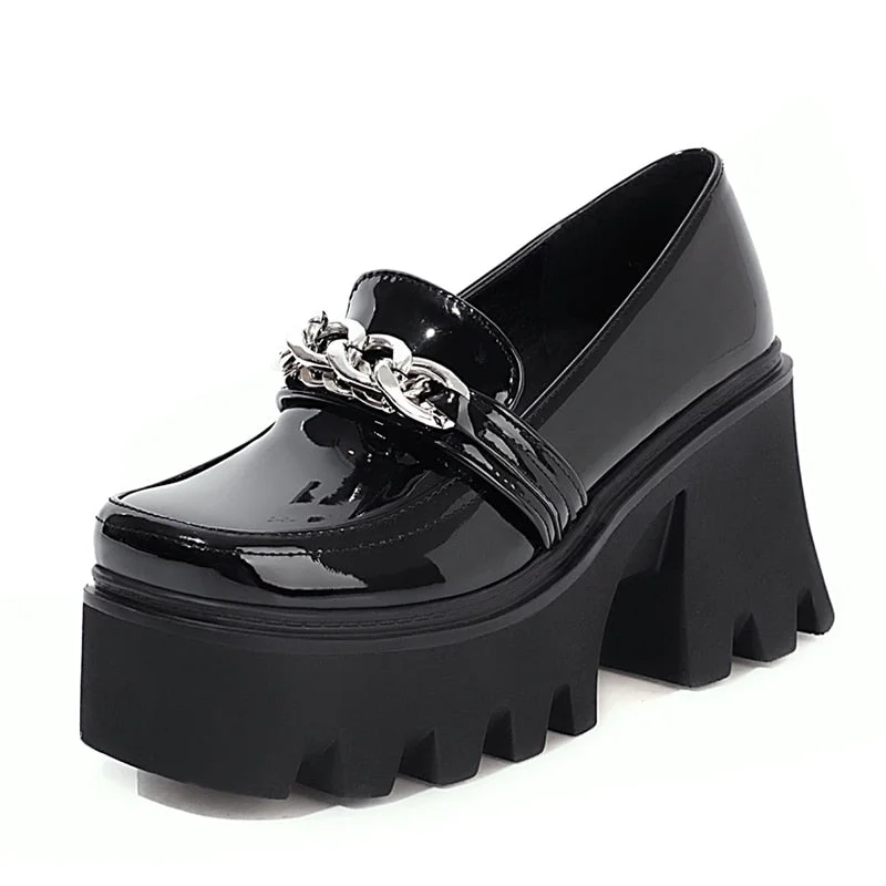 Gdgydh Metal Chain Platform Lolita Goth Japanese School Shoes For Girls Patent Leather Square Toe Women Pumps Block Heel Size 43