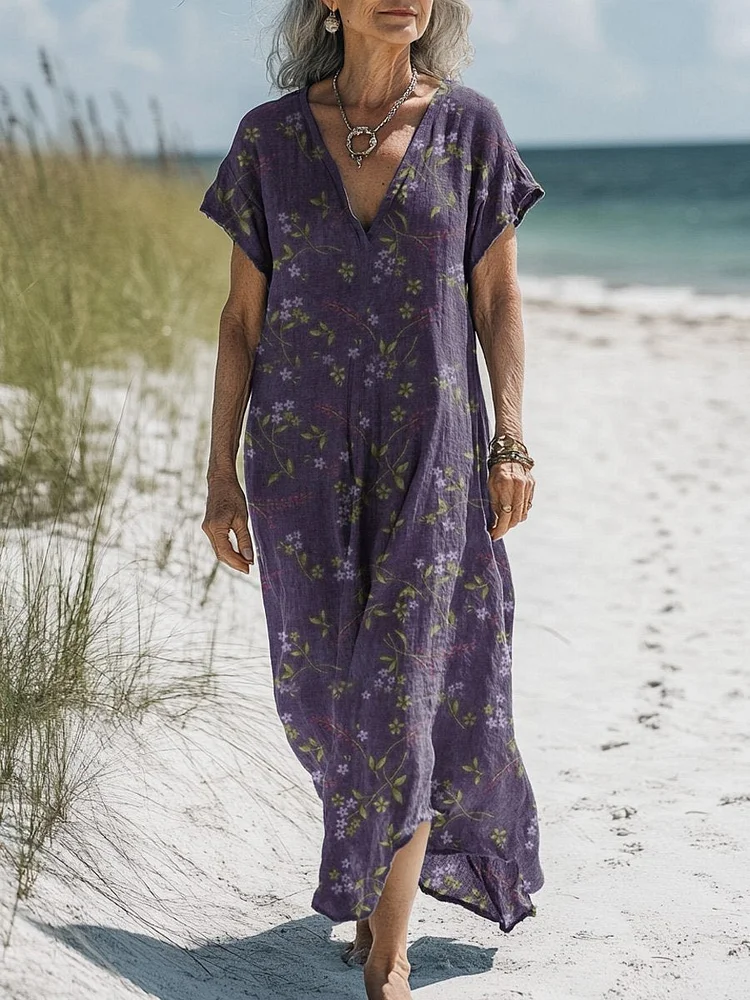 Petite Lavender Floral Pattern Printed Women's Pocket Cotton Dress