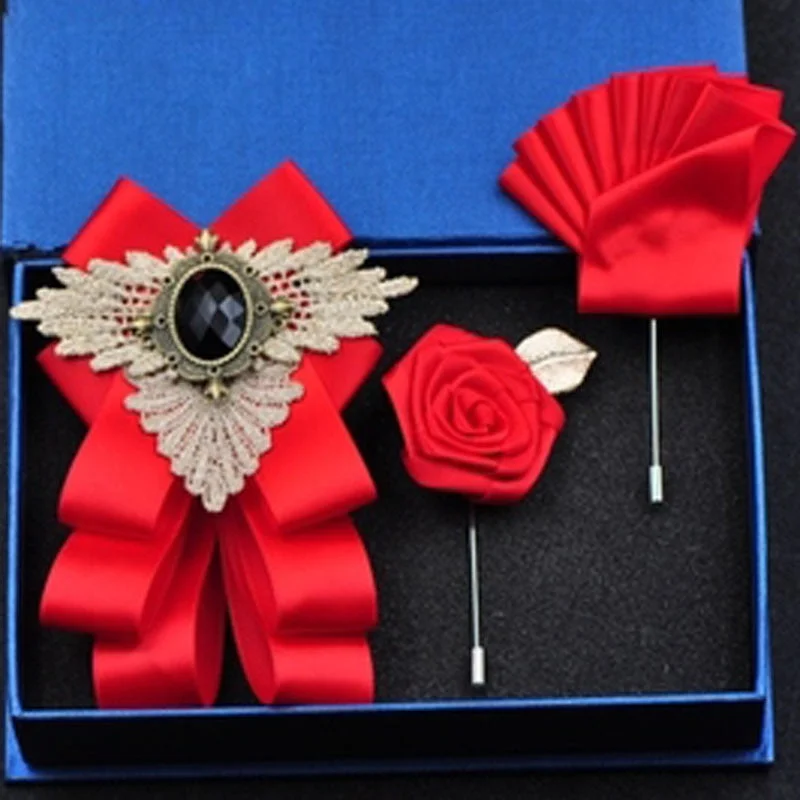 Fashion New Casual Multilayer Bowtie Diamond Brooch Rhinestone Red Bow Tie Brooch Set Wedding Groom Groomsmen Pocket Square Men