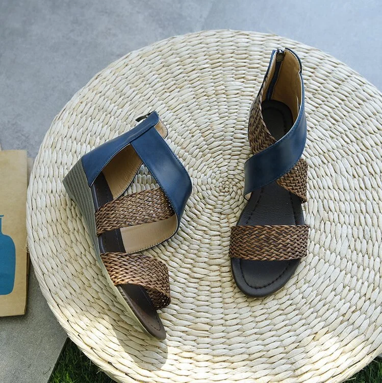 2020 Fish Mouth Leather Canvas Women Weave Wedge Heel Shoes Zipper Sandals Casual Beach Sandals Roman Shoes