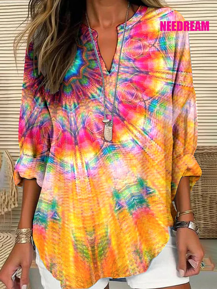 Womens Tie Dye Pattern Cotton Long Sleeve Crew Neck Shirt 