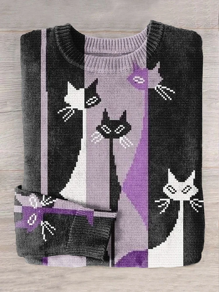 Vintage Abstrct Cat Art Print Knit Pullover Sweater