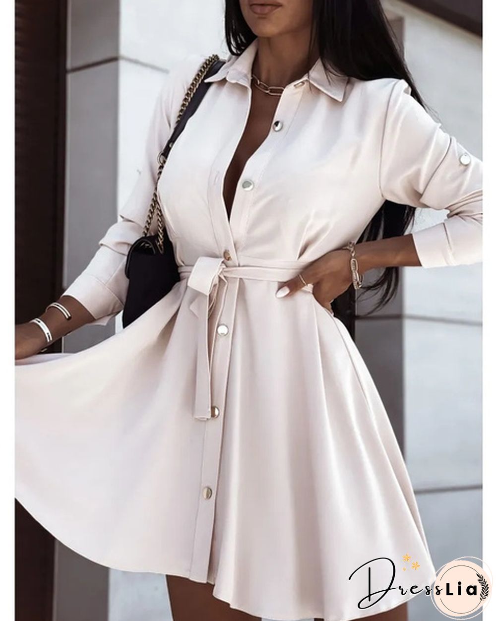 Turn-down Collar Long Sleeves Buttons Shirt Dress Women Fashion Collect Waist A Line Dress Elegant Ladies Dresses