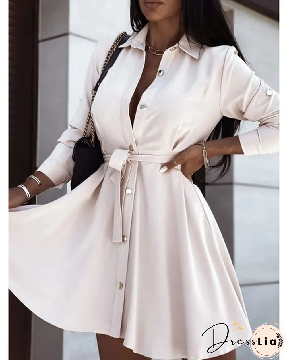Turn-down Collar Long Sleeves Buttons Shirt Dress Women Fashion Collect Waist A Line Dress Elegant Ladies Dresses