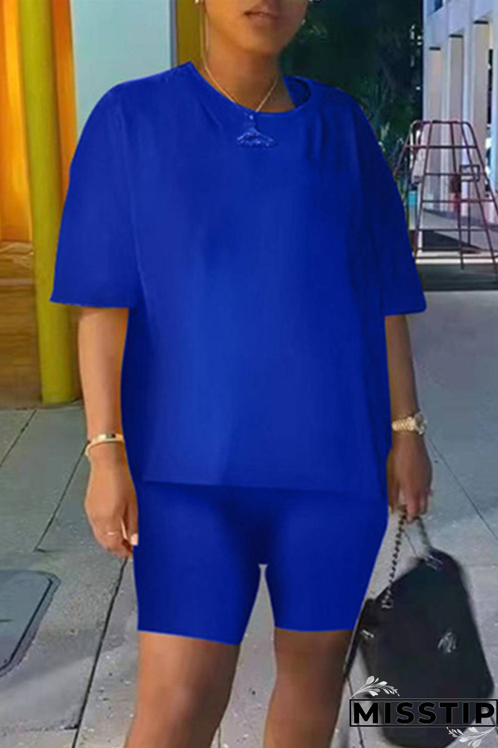 Blue Fashion Casual Solid Basic O Neck Short Sleeve Two Pieces