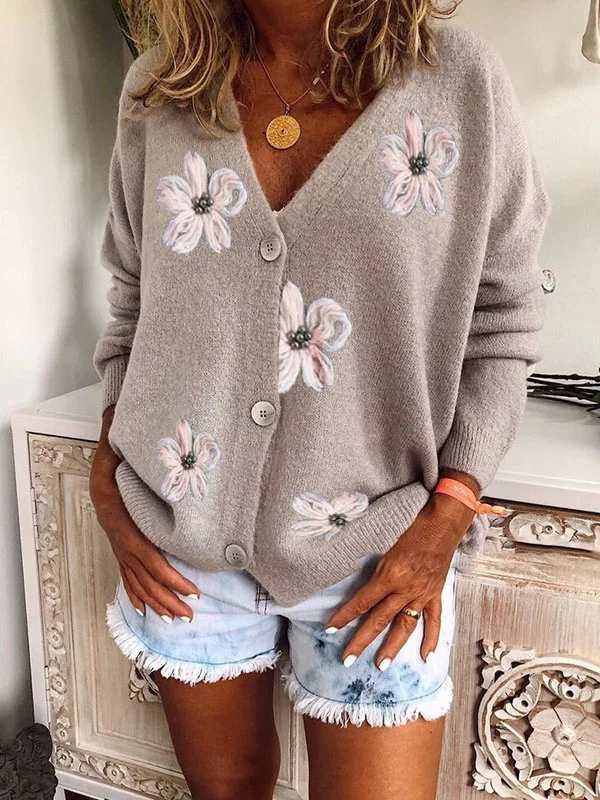 Long-sleeved cardigan embroidered V-neck knit sweater