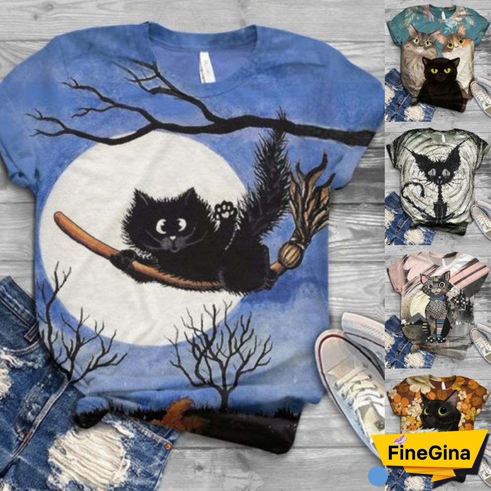 Cute Cat Printed T Shirt Fashion Women O Neck Loose Top Family Casual Funny Animals Graphic Tee Short Sleeves Top Plus Size XS-5XL