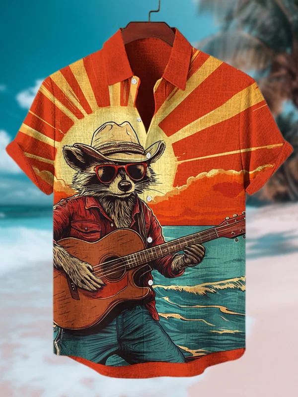 Men's Raccoon Plays Guitar Sunset Scenery Art Print Shirt