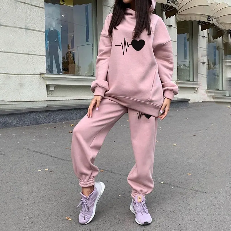 Oversize Heart Printed Fleece Women's Tracksuit Hoodies 2 Piece Set Sweatshirt + Pants Women Sport Suit Winter Sportswear