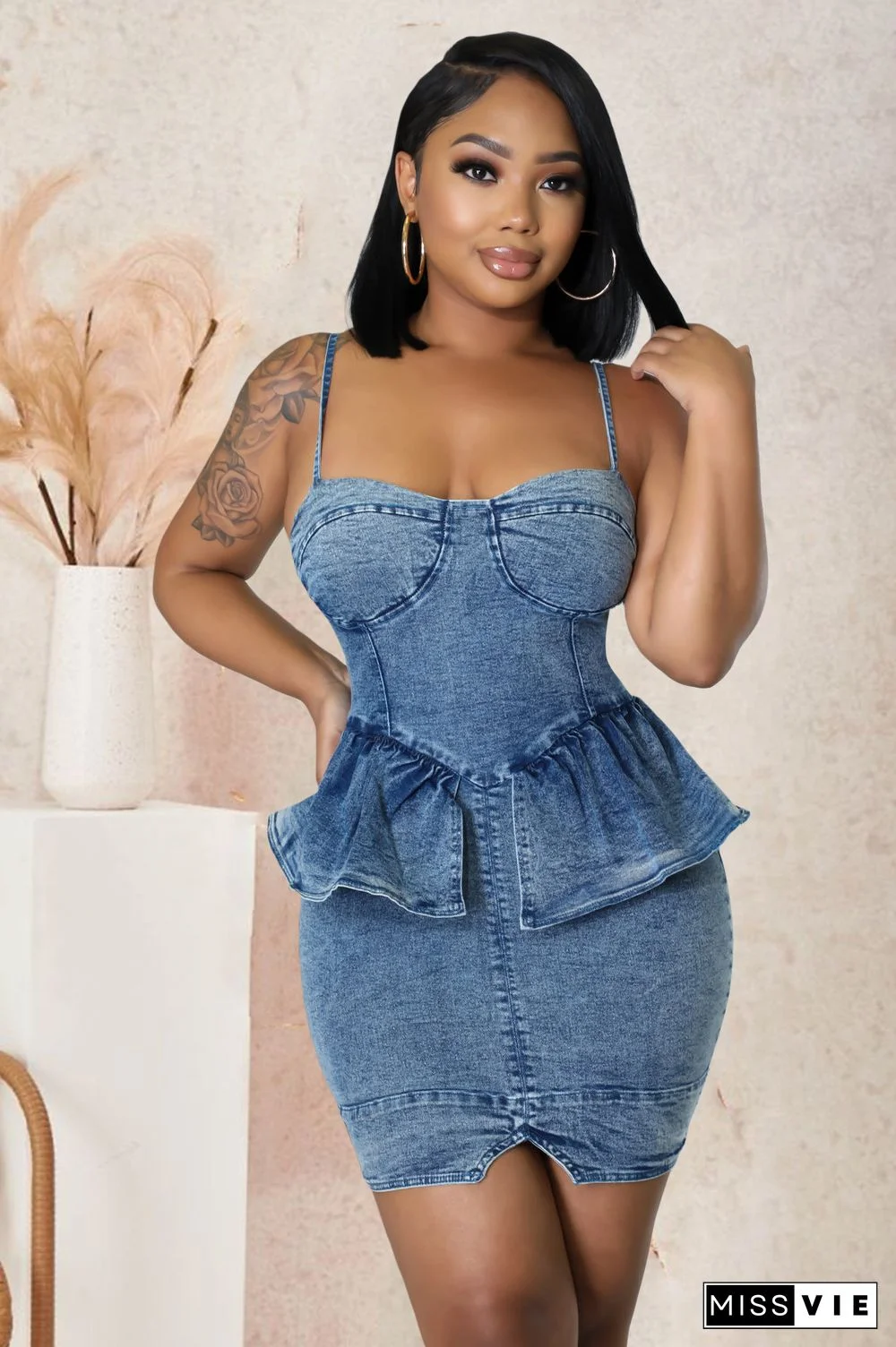 Ruffles Sexy Backless Bodycon Short Denim Dress