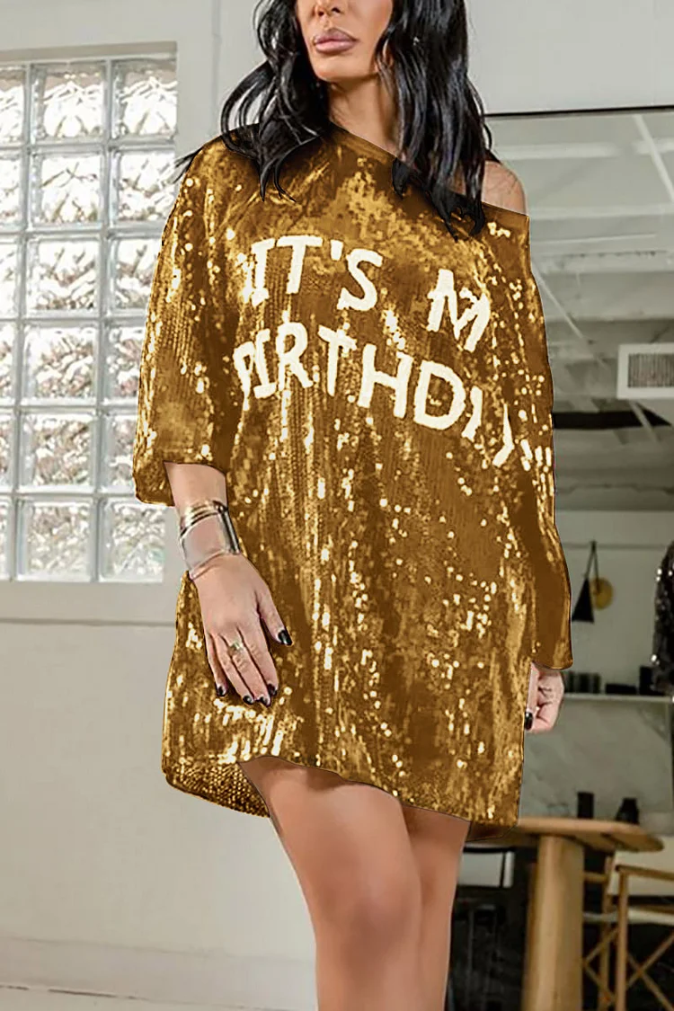 Xpluswear Plus Size Gold Daily Round Neck Letter Sequin Stitching Mini Dress
