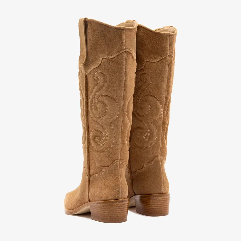 Closed Toe Block Heel Tan Embroidered Cowgirl Boots for Women