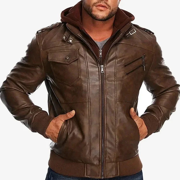Punk Solid Pockets Zipper Detachable Hooded PU Leather Jacket