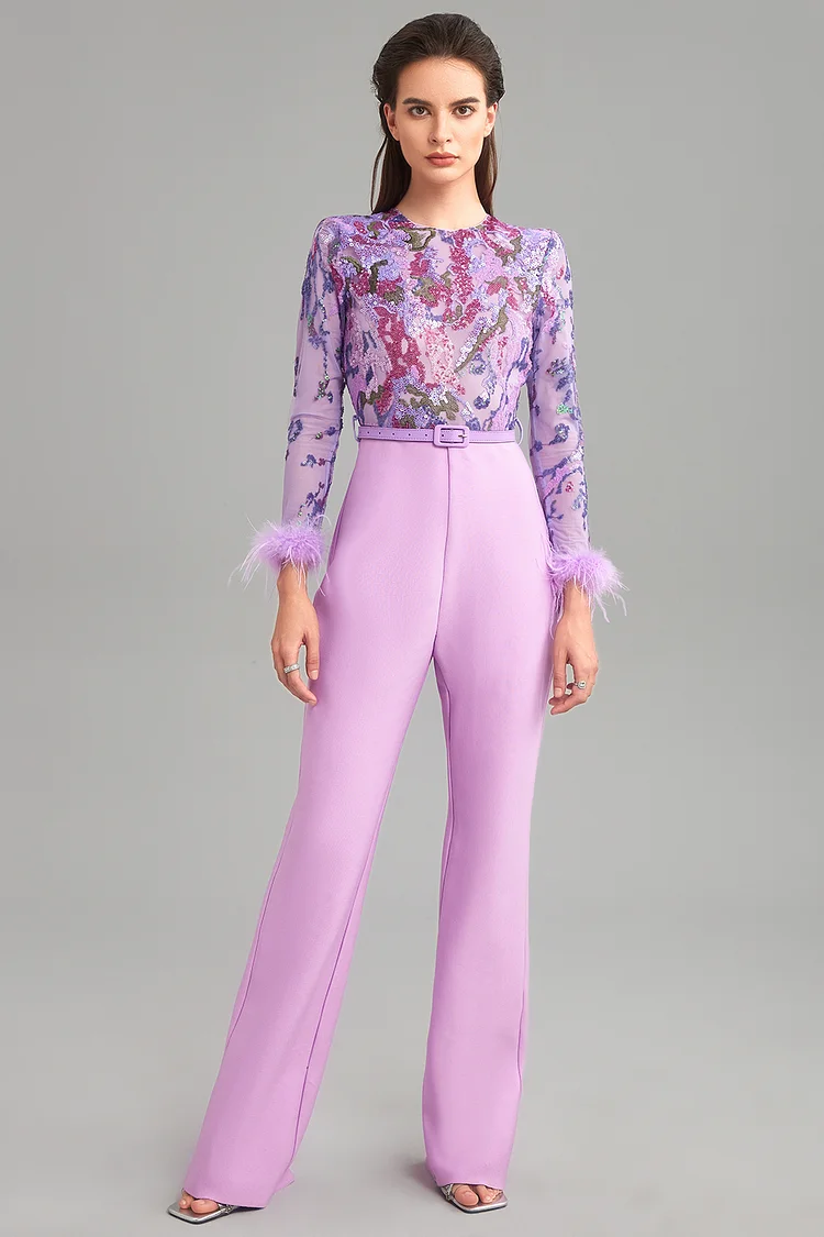 Embroidered Sequins Mesh Belt Feather Cuff Jumpsuit-Purple 