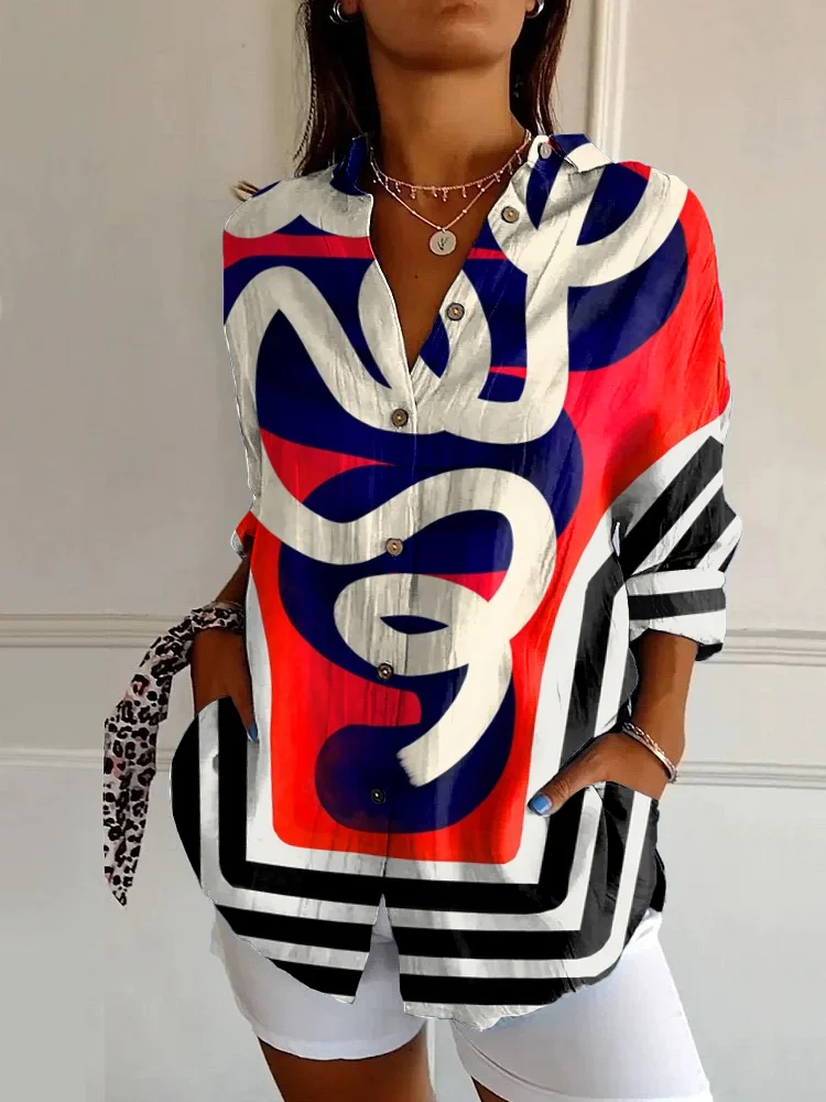 Vintage Abstract Art Stripe Print Casual Long Sleeve Shirt