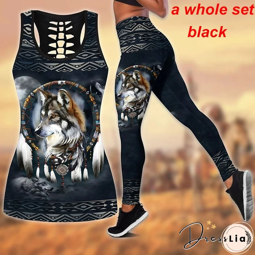 Women Wolf Native American 3D All Over Printed Legging + Hollow Tank Sleeveless Shirt Summer Vest for Women Plus Size Yoga Tank Tops Leggings Suit