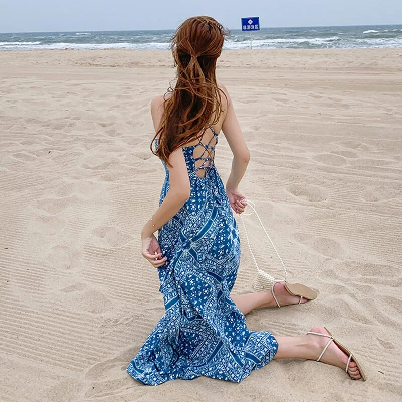 Huiketi Beach Style Summer Dress Women Sexy Cross Bandage Female Print Bohemian Dresses Female Casual Slip Long Dress Vestidos 13237