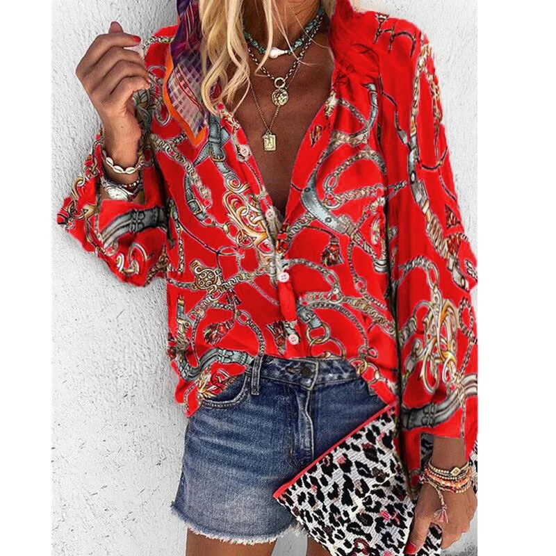 Women Blouse V-neck Long Sleeve New Design Plus Size Chains Print Loose casual Shirts Womens 2020 Tops And Blouses blusas largas