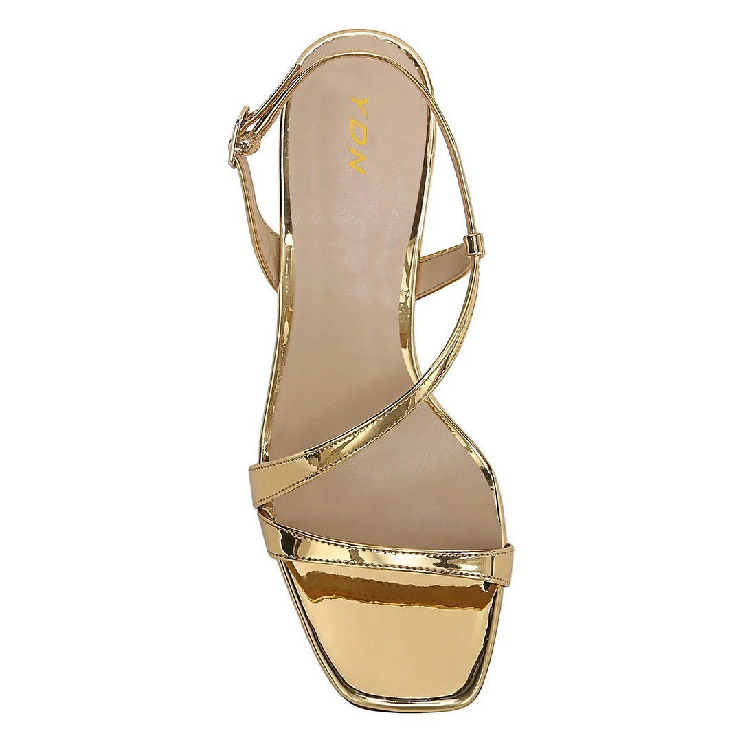 Stylish Gold Metallic Finish Open Square Toe Strap Heels Sandals