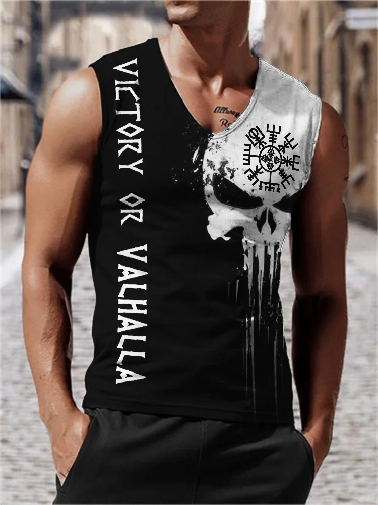 Wearshes Men's Victory Or Valhalla Viking Vegvisir Skull Graffiti Tank Top