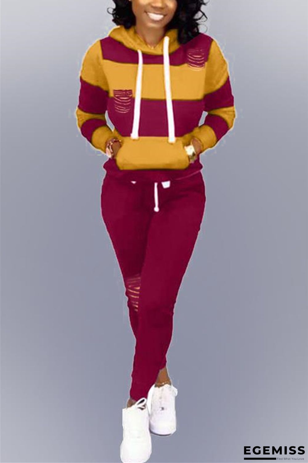 Wine Red Fashion Casual Hooded Long Sleeve Two-Piece Suit | EGEMISS