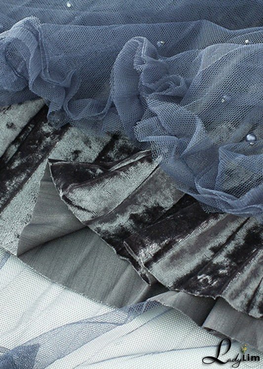 Elegant Grey Blue Elastic Waist Silk Velour Skirts Spring