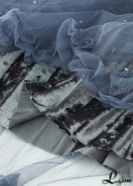 Elegant Grey Blue Elastic Waist Silk Velour Skirts Spring