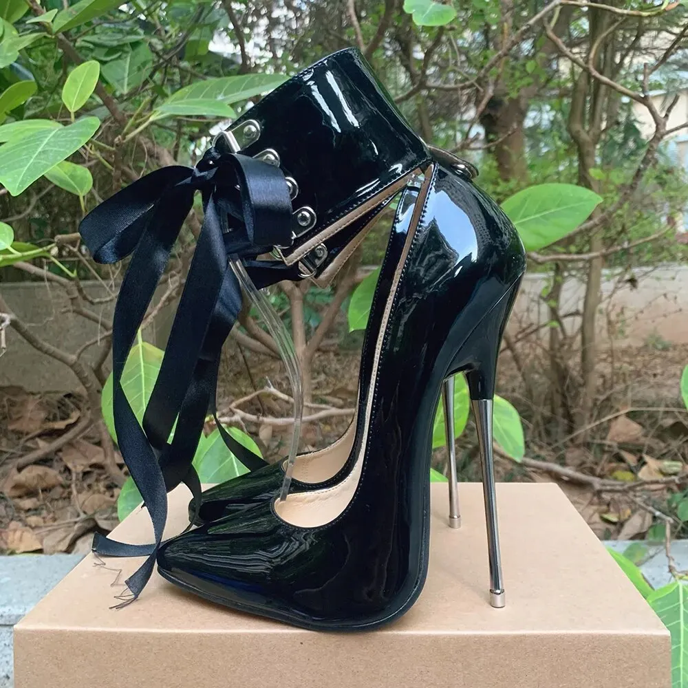 VCshoes Riband Ankle Strap 16cm Pumps Extreme High Heels Lace Up Fetish Silver Cosplay Drag Queen Unisex Shoes