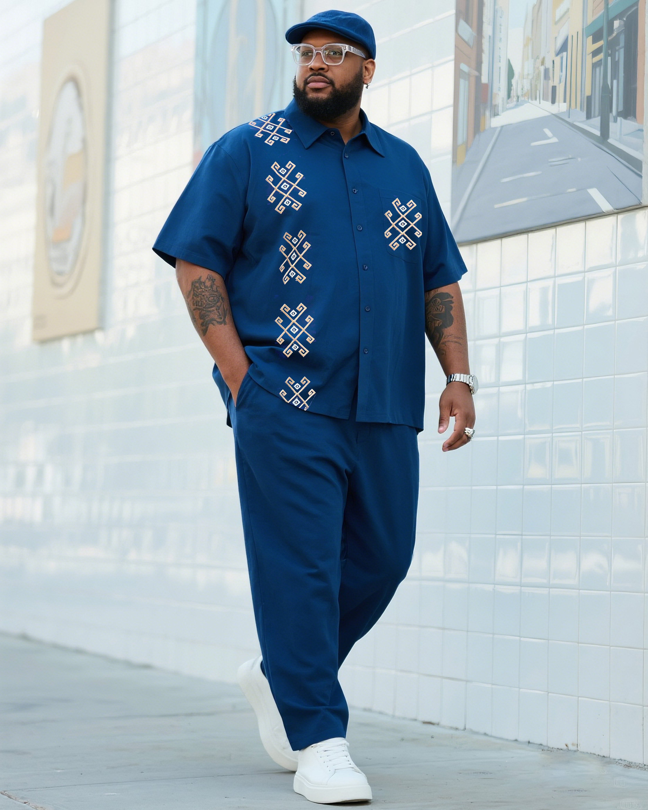 Big Boy Essential 2025 Fashion High Sense Prussian Blue Print Figure Short Sleeve Shirt Trousers Suit
