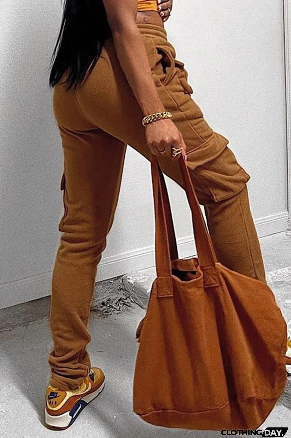 Yellow Street Solid Split Joint Pocket Straight High Waist Straight Patchwork Bottoms