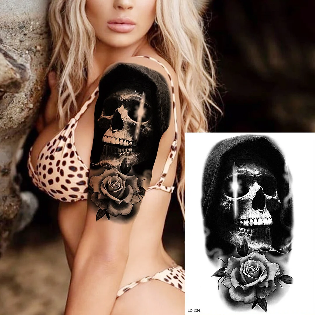 Anchor Cuttlefish Skeletion Scary Temporary Tattoos For Men Women Pirate Tiger Skull Totem Fake Tattoo Sticker Tatoos Octopus