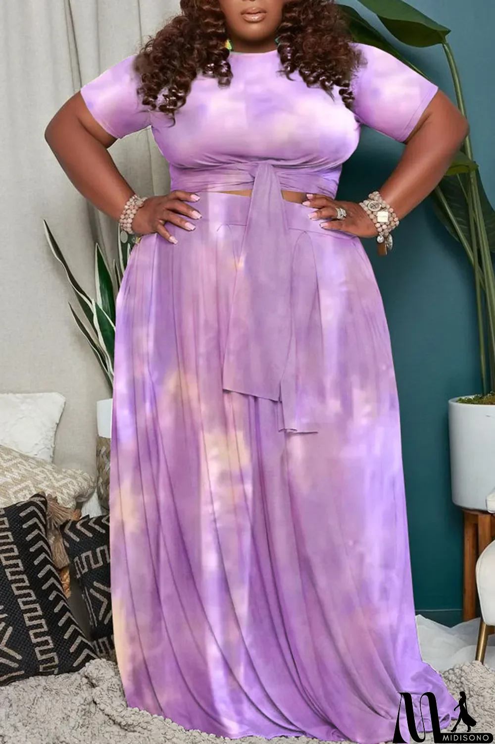 MidiSono - Green Casual Print Tie Dye Bandage Split Joint O Neck Plus Size Two Pieces