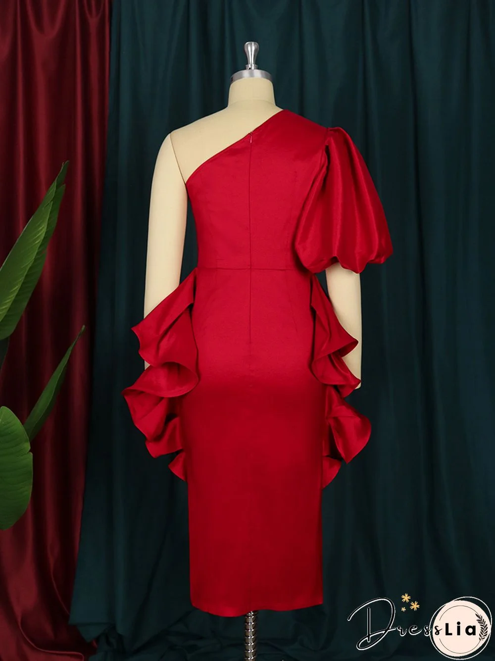 Summer Women Party Dresses Bodycon Ruffles Puff Sleeve Tunics One Shoulder Bright Red Dress Big Size Celebrity Event Outfits