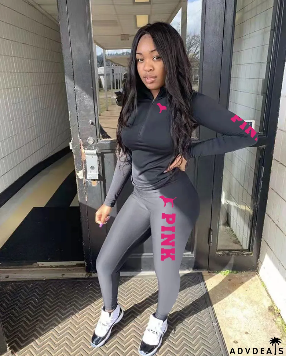 Pink Letter Print Long Sleeve Two Piece Sets