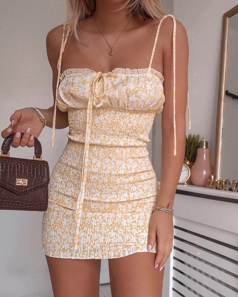 Floral Print Spaghetti Strap Shirring Design Dress - VSMEE