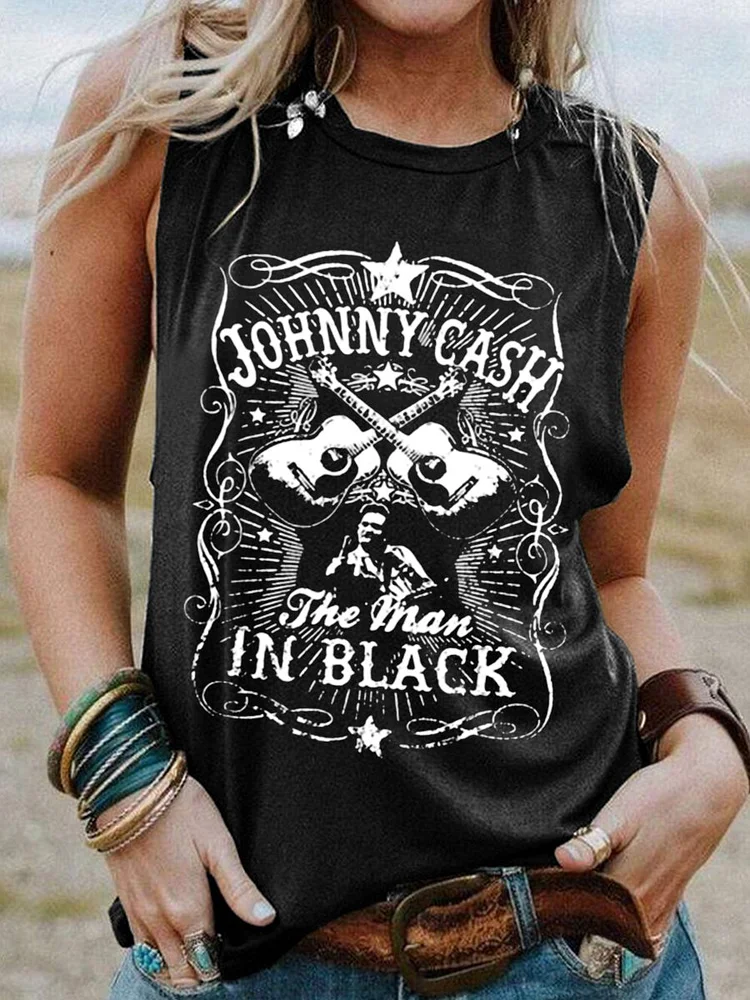 Bestdealfriday Johnny Cash Sleeveless Vintage Crew Neck Cotton Blend Woman Vests