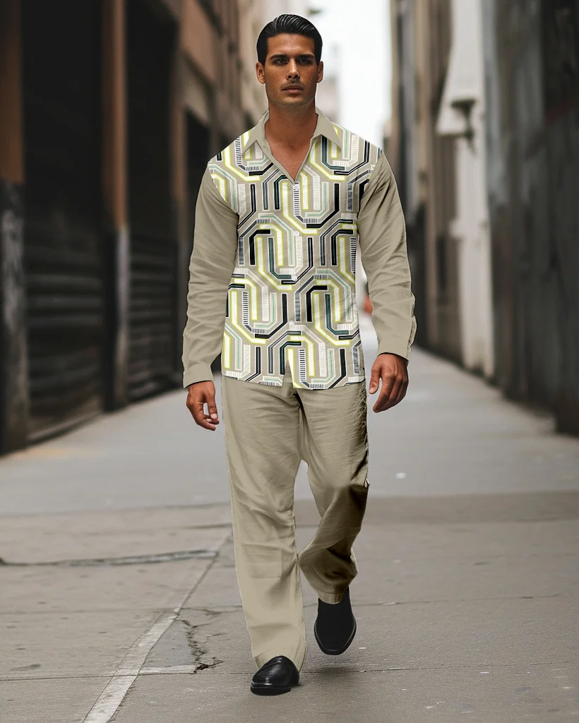 Men's Striped Printed Long Sleeve Shirt Walking Suit 599