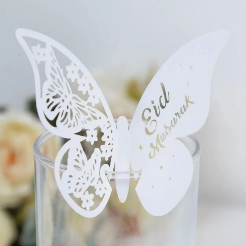 20pcs Eid Mubarak Hollow Butterfly Cup Cards Paper Name Place Seats Card Muslim Islamic Party Dessert Cake Decor Ramadan Kareem