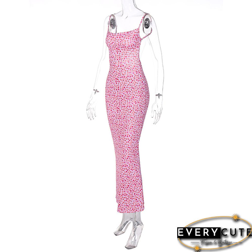 Pink Backless Spaghetti Straps Floral Dress