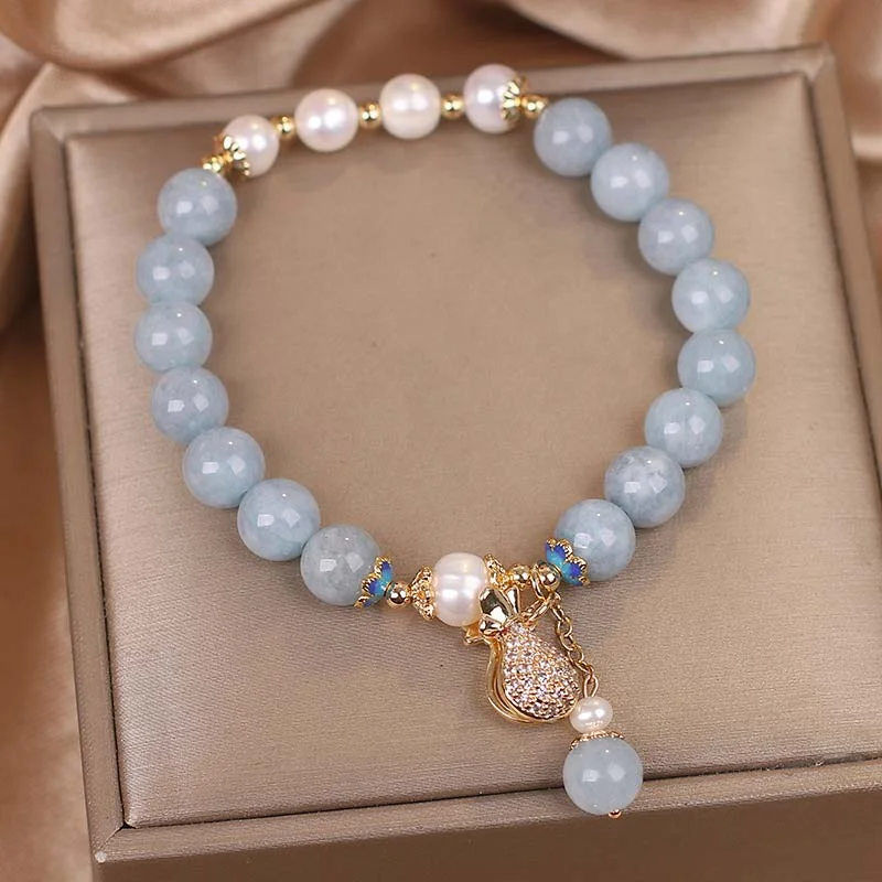 Aquamarine Pearl Fortune Money Bag Charm Bracelet