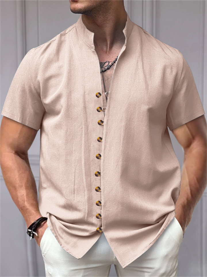 Summer Men's T-shirt Vintage Hemp Buttons Collar Short-sleeved Solid Color Short-sleeved Shirt