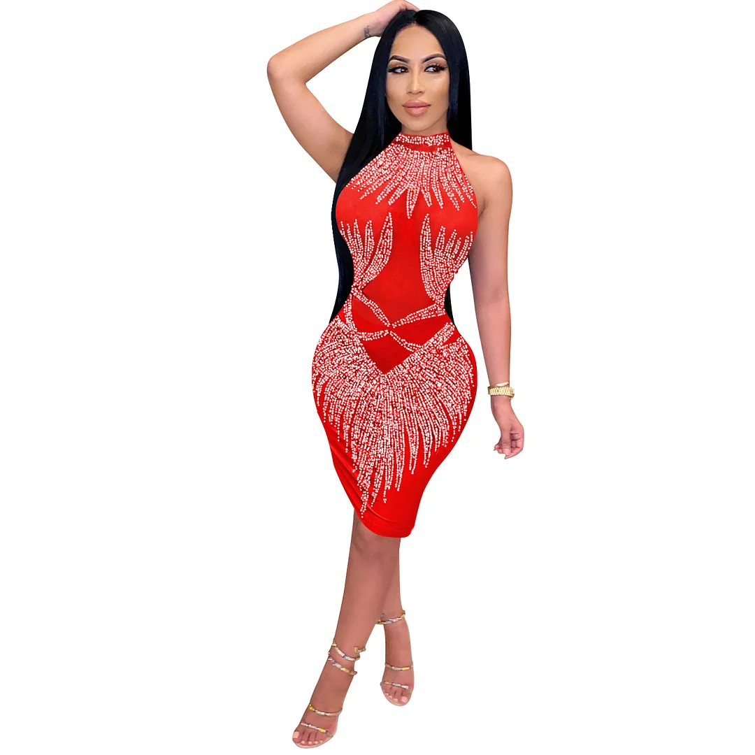 Churchf Churchf New Fashion Women's Hot Diamond Nightclub Wind Round Collar Open Back Sleeveless Skirt Dress